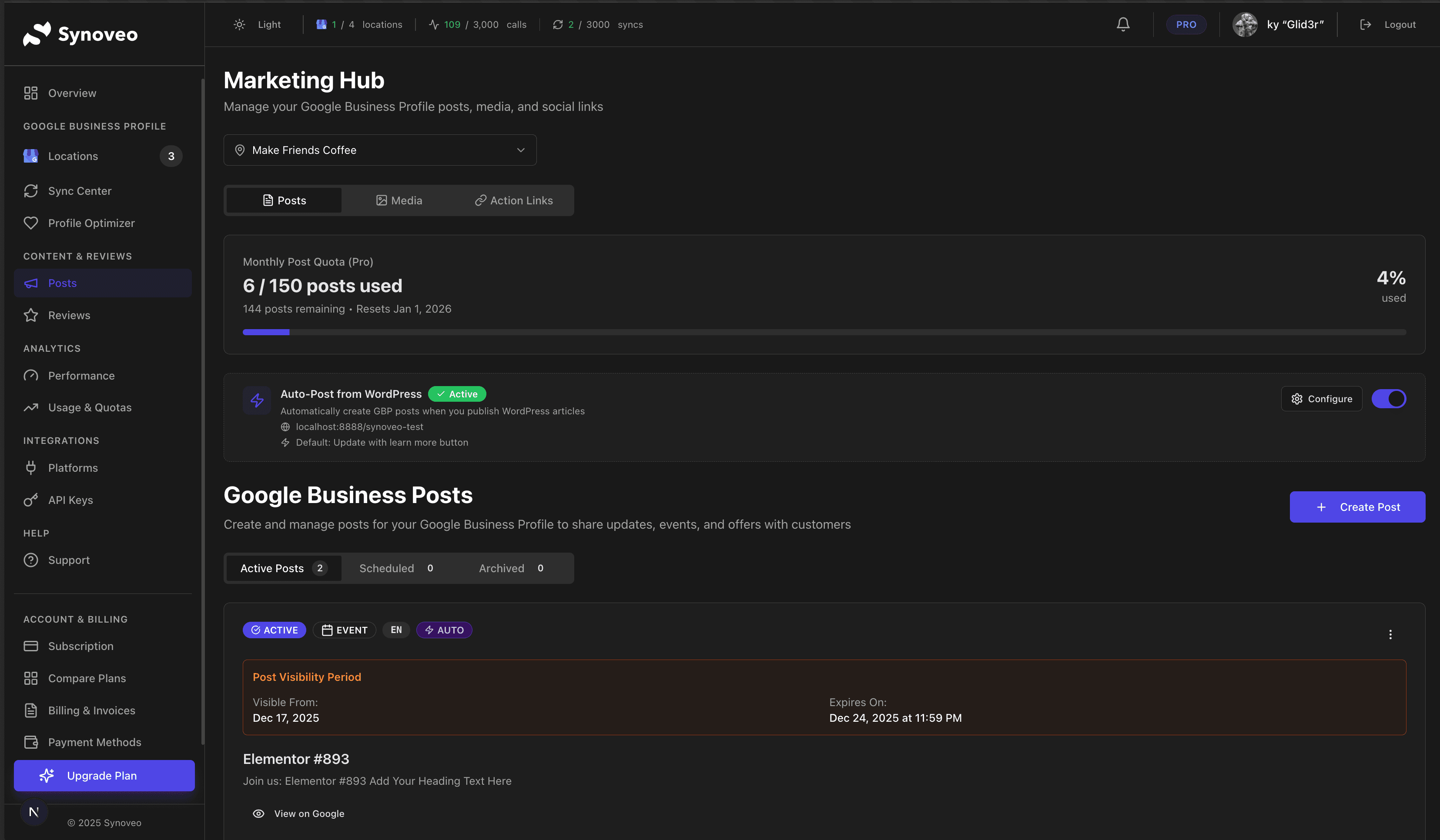 Marketing Hub with location selector