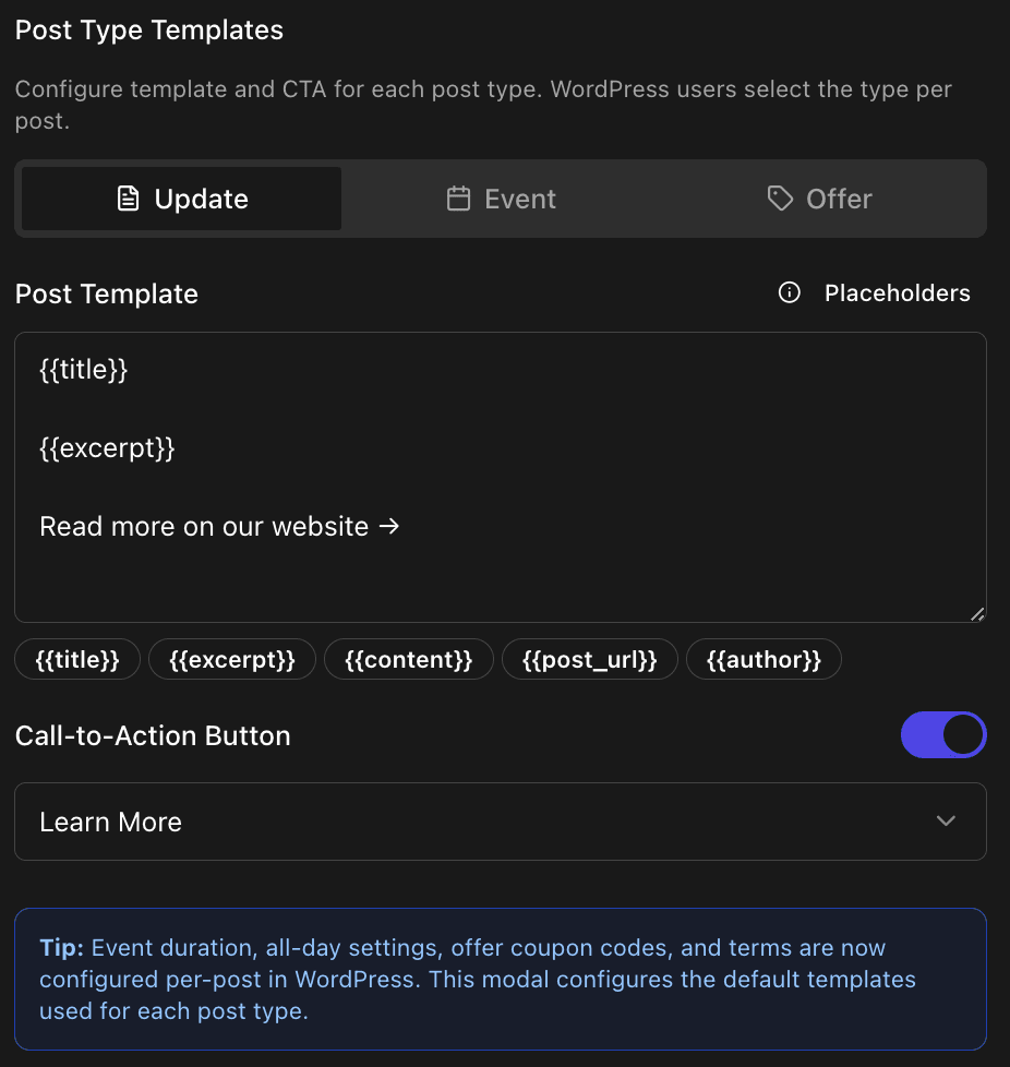Template tabs for each post type