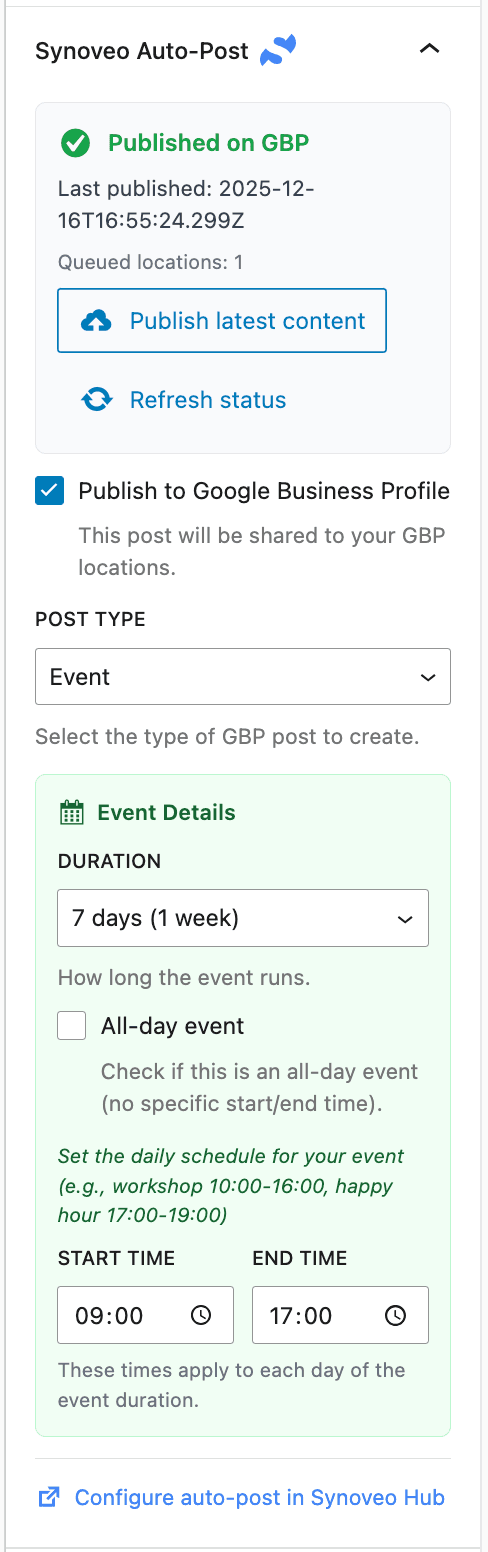 Gutenberg sidebar with Synoveo panel open