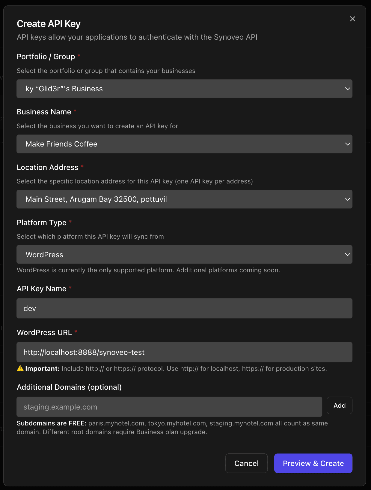 Create API Key modal
