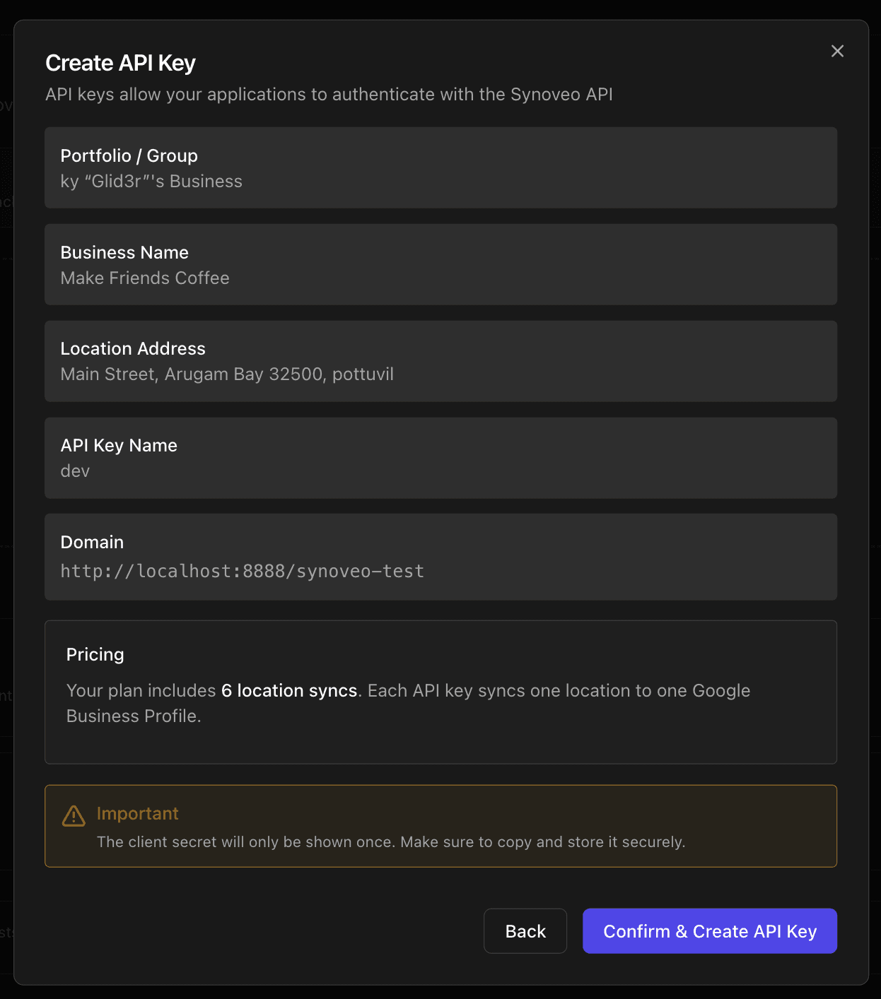 API Key creation confirmation