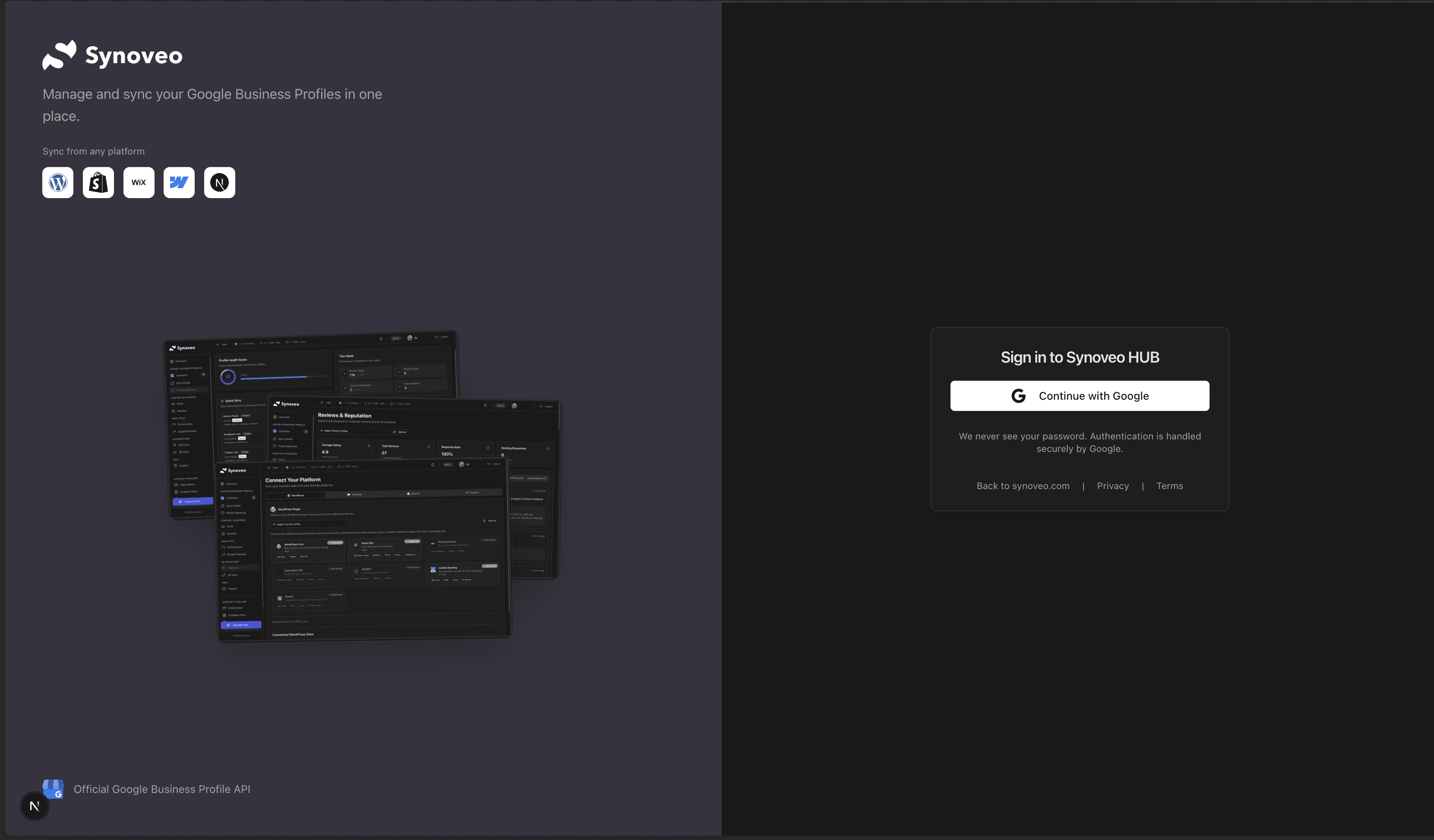 Synoveo Hub sign in with Google