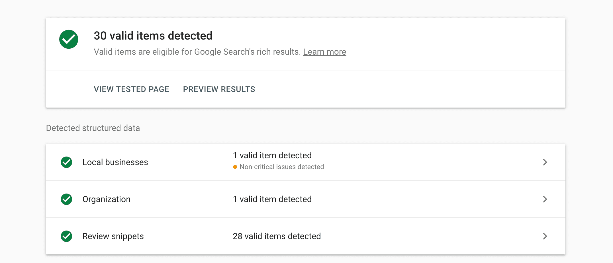 Google Rich Results Test showing valid schema