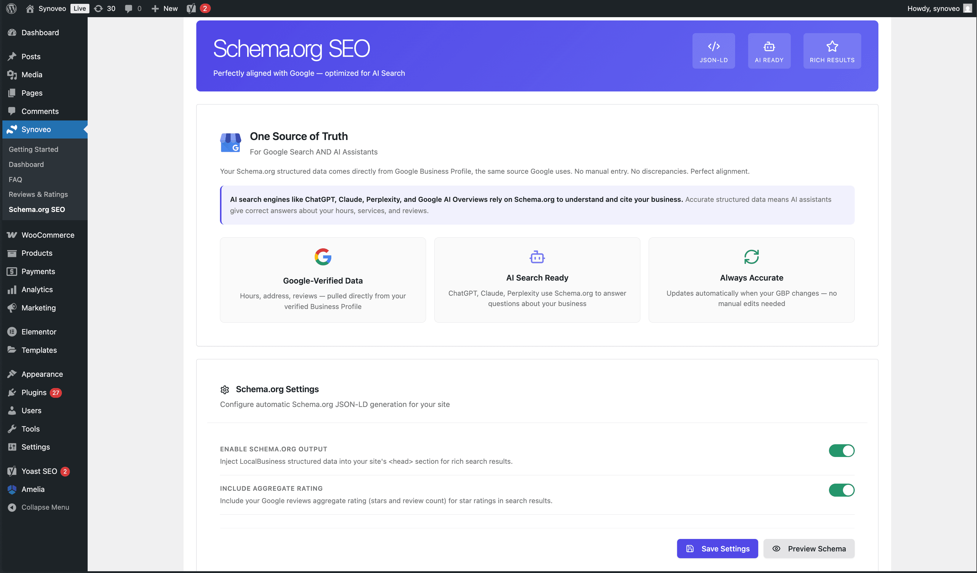 Schema.org SEO settings page