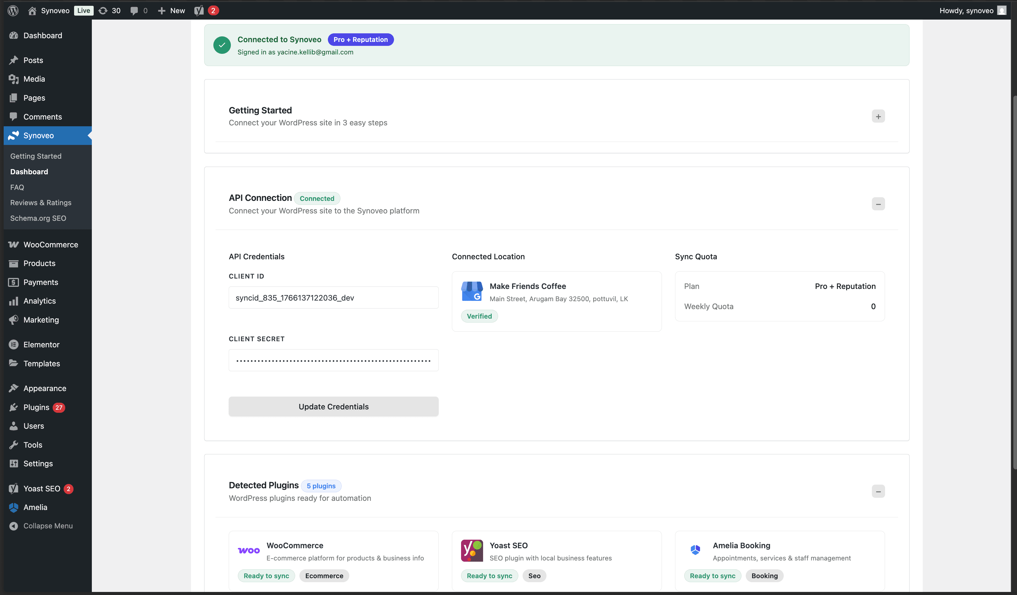 Synoveo Dashboard connected