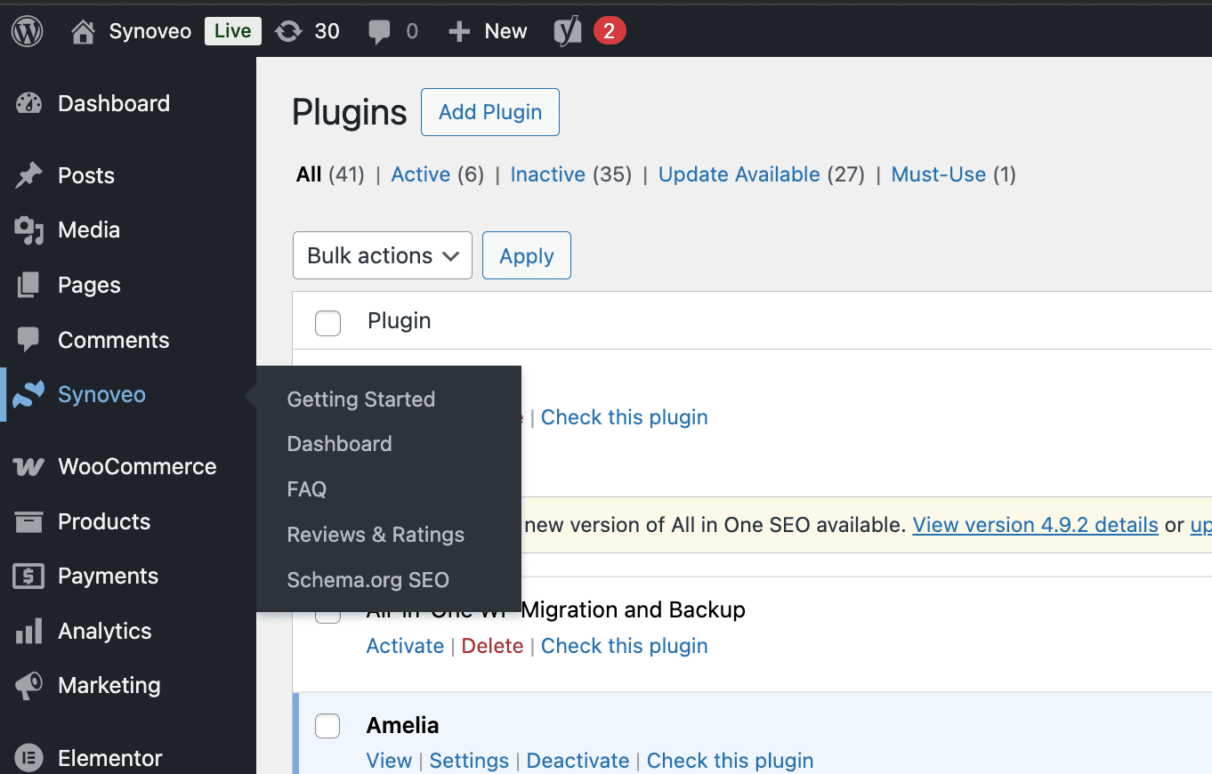 Synoveo menu in WordPress